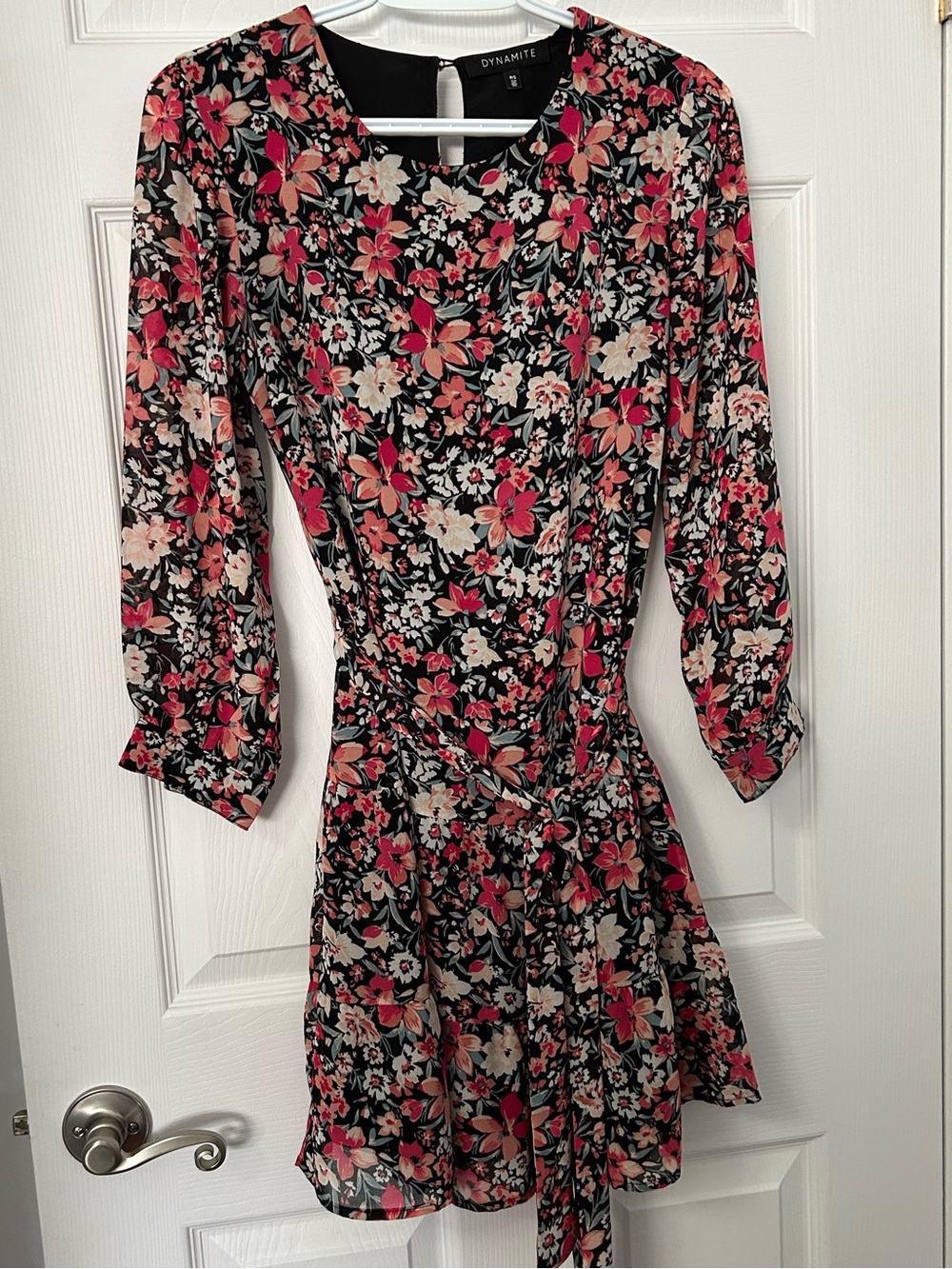 Dynamite Black Floral Tie-Waist Long Sleeve Dress with Pink Accents